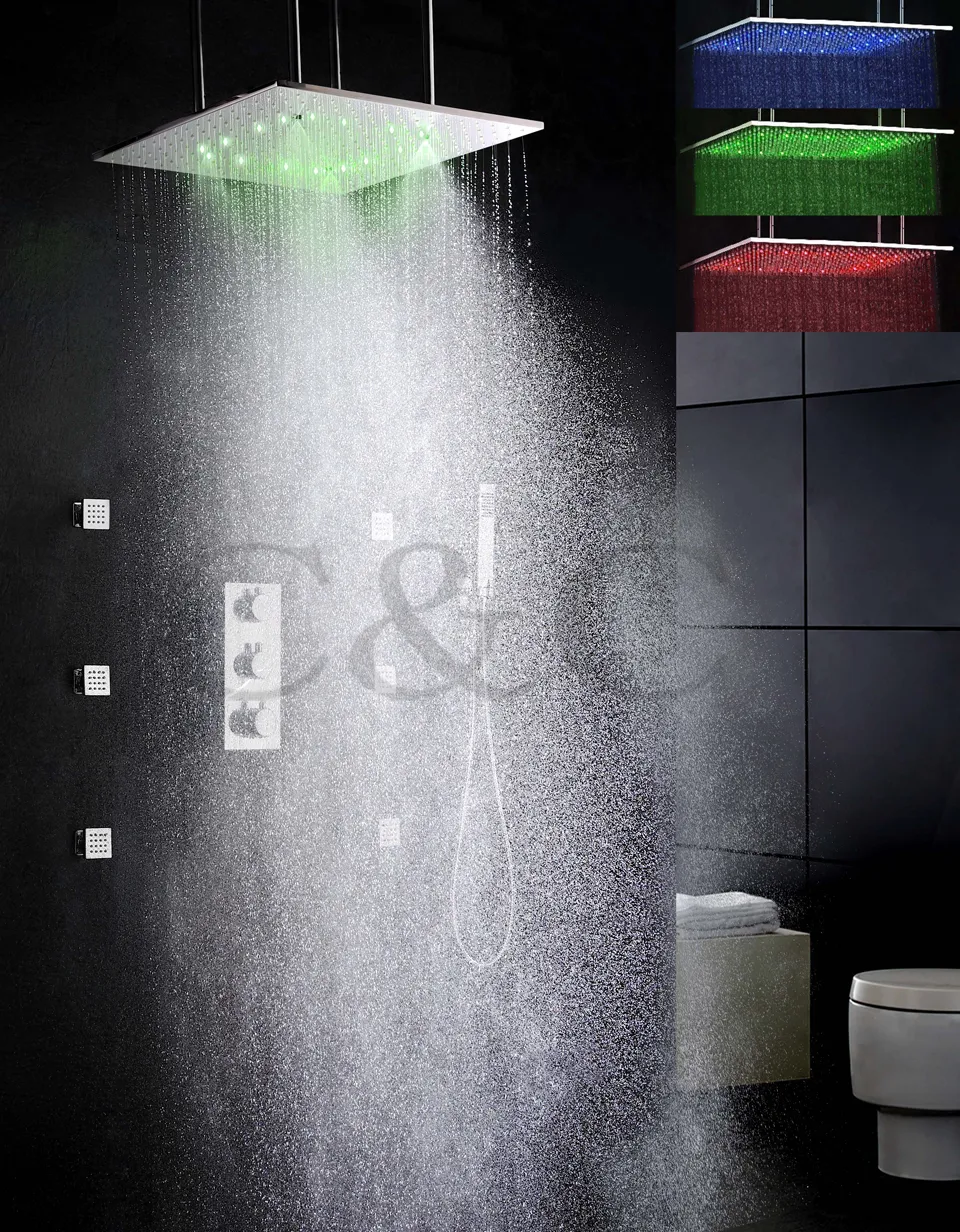 Brume et pluie 20 pouces LED pomme de douche à pluie sensible à la température ensemble de robinets de douche de salle de bains thermostatiques 009-20WL-F