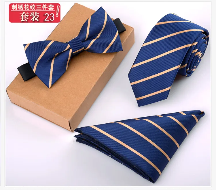 Slipsar Bow Tie Handkerchief Tre uppsättningar med låda Förpackning 27 Färger Stripe Slips för Mäns Faders dag Julklappar Gratis TNT FedEx