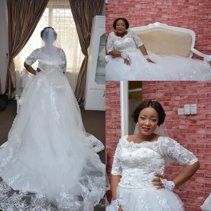 Lace Plus Size Nigeria Wedding Dresses Sheer Half Long Sleeve A Line Bridal Gowns South African Wedding Dresses Custom Made