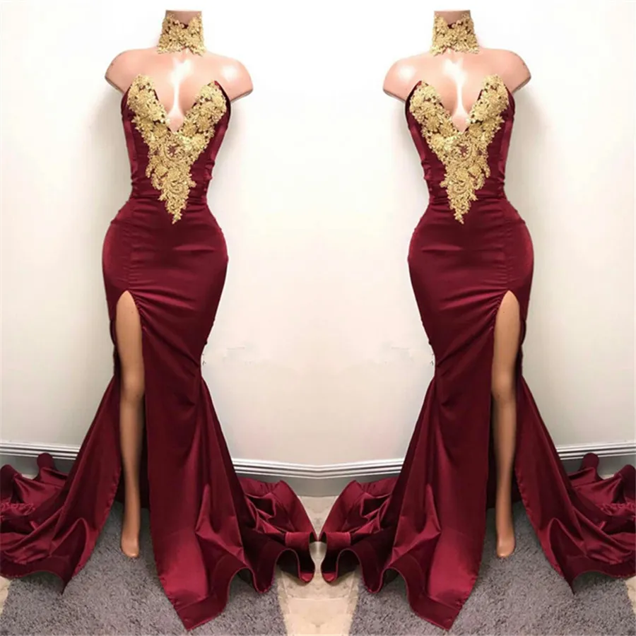 Złote Koronkowe Aplikacje Sexy Mermaid High Neck Front Split Prom Dress Burgundia Elastyczna Satin Sukienka wieczorowa Vestido Curto