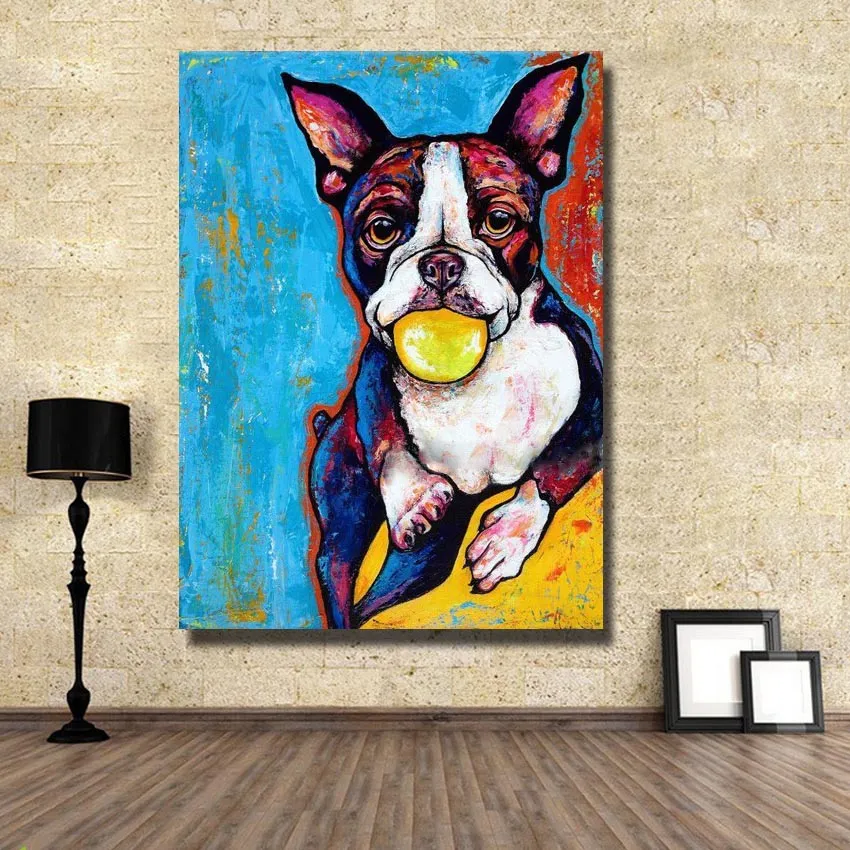 犬の油絵: モダンな寝室の装飾のための手作りの動物アートワークを