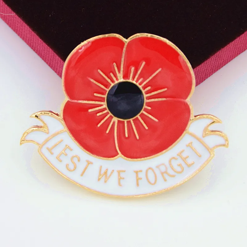 Högkvalitativ blod Röd Emalj Poppy Brosch Gold Tone Alloy Den brittiska Legion Poppy Brosch Pins för Storbritannien Remembrance Day Lest Vi glömmer vallmo