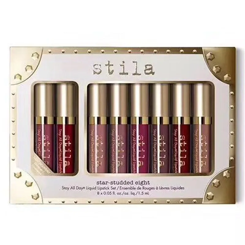 In Stock!New Makeup brand Stila 8pcs lip Gloss set Liquid lipstick High quality HOT Sell DHL free shipping