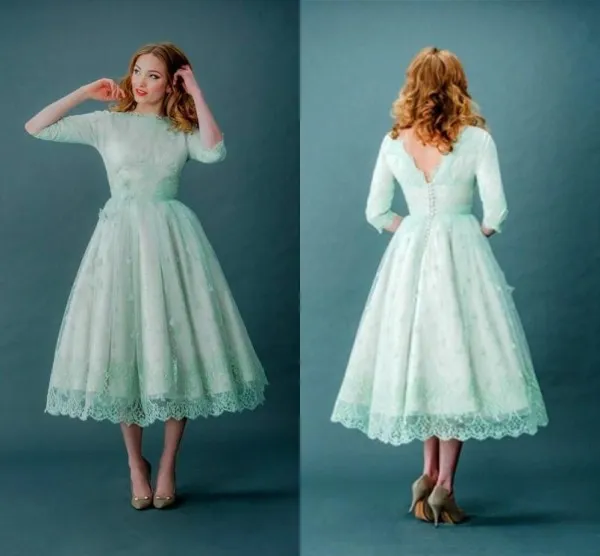 Mode Thé Longueur Robe De Mariée Menthe Coloré Court Robes De Mariée Bateau Cou Vintage Dentelle Jardin De Noce Porter Sur Mesure