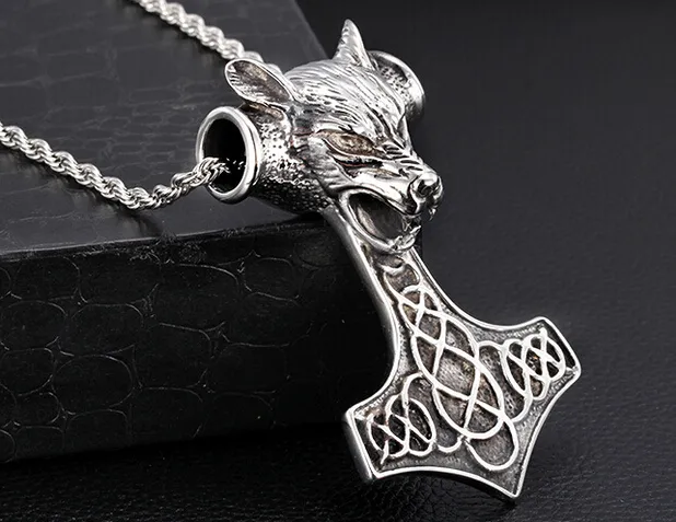 Punk Rock Fashion Gift Heavy Huge Biker Stainless Steel Large thor Dog Pendant HammerFall Rope Necklace Men Gothic Jewelry