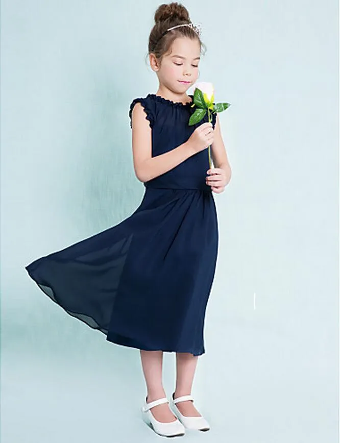 Custom Made Dark Navy Junior Bridesmaid Klänningar Billiga Kolumn Juvel Ärmlös A-Line Ruffles Zipper Back Flower Girl Dresses