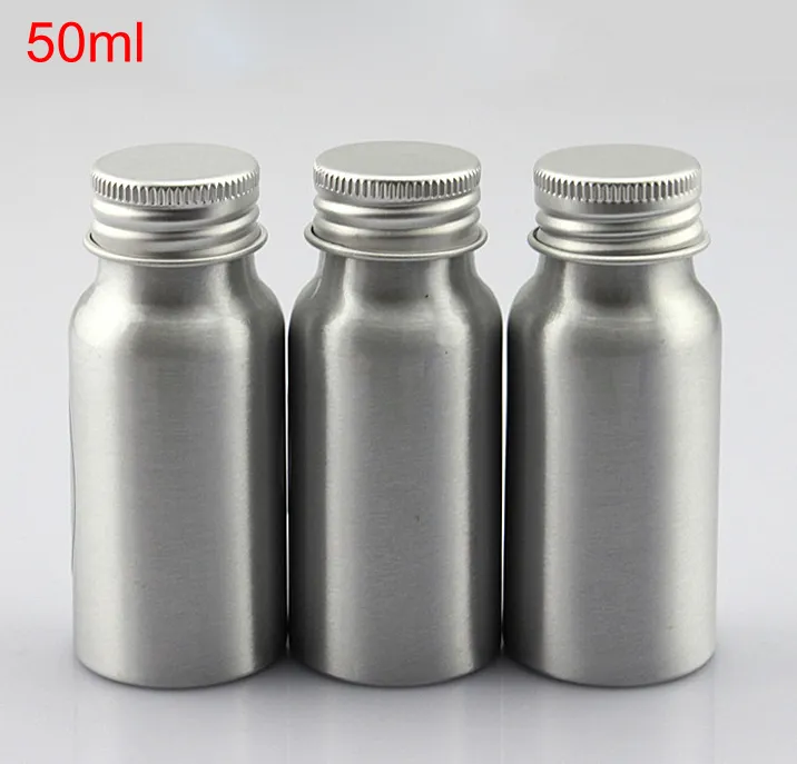 50 ml tomma runda kosmetika aluminiumflaskor 1.7oz silvermetallbehållare för kosmetisk packning, eterisk oljekåpa med lock