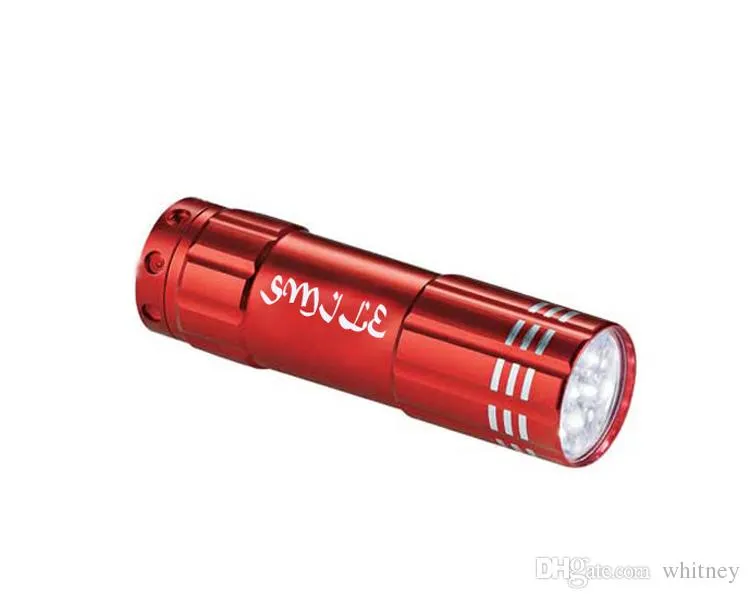 Promotional 9 LED Light Flashlights with Custom Laser Engraved Brand name or logos 4 colours available