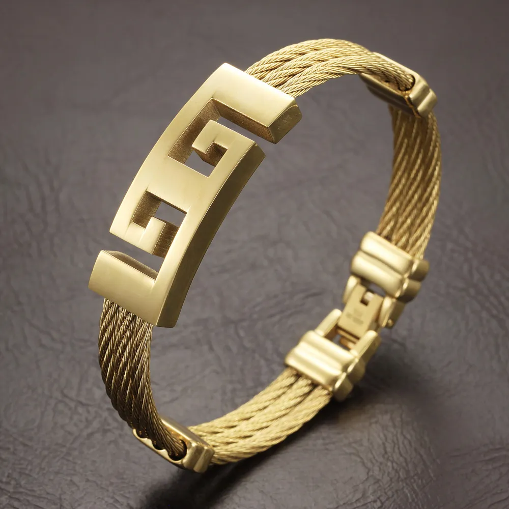 High Quality gold Color stainless steel men bracelet jewelry punk heavy metal bracelets & bangles Great Wall Pattern Bracelet