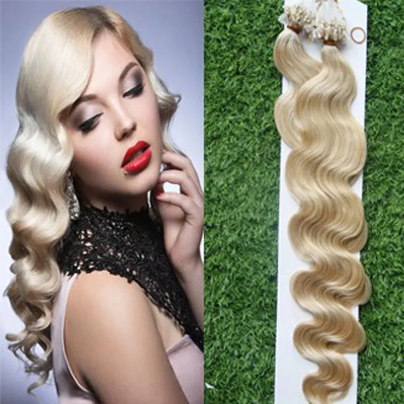 613 Bleach Blond Micro Loop Human Hair Extensions 100g / PC Body Wave Non-Remy Mänskliga Hår Mikro Loop Human Hair Extensions