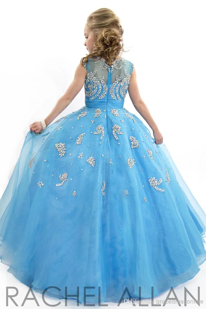 Blue RACHEL ALLAN Girls Pageant Dresses Sheer Crew Neck Tulle Rhinestone Crystal Beads Glitz Ball Flower Girls Gowns HY007941249397