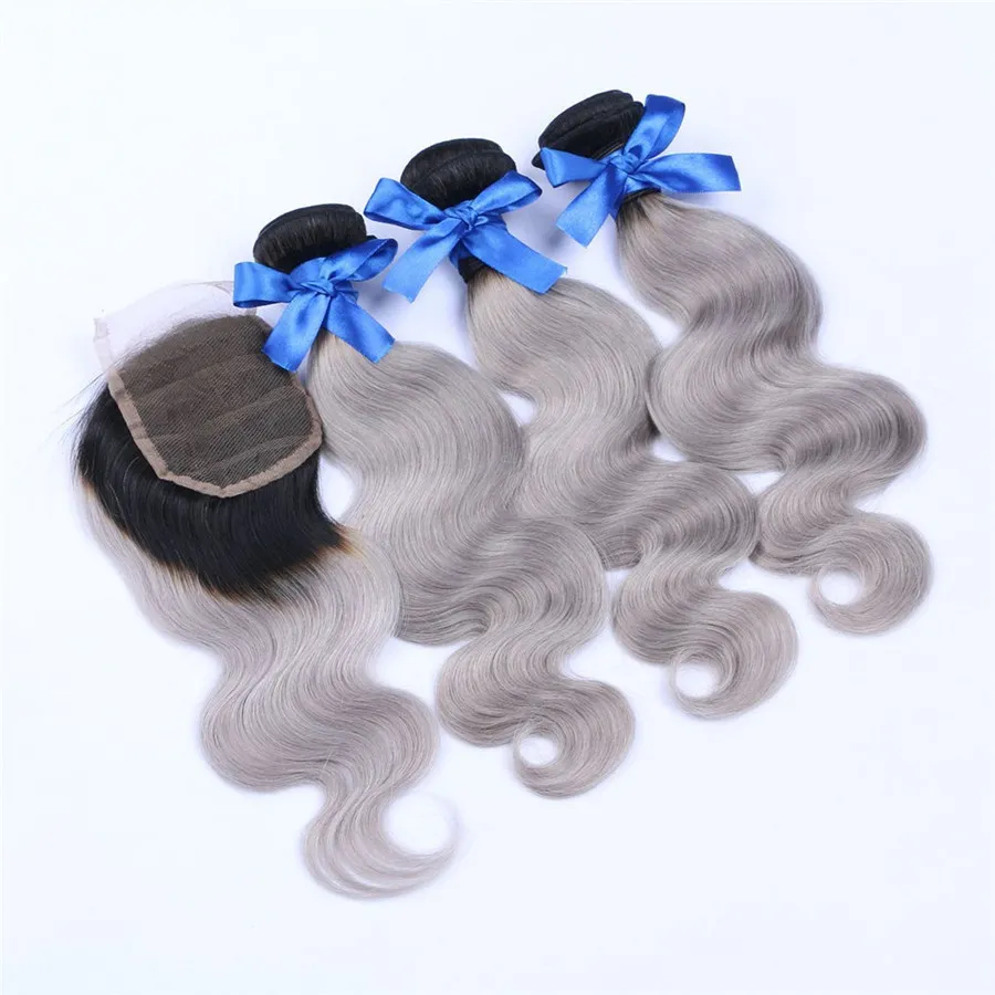 Ombre Human Weft Hair Weave Body Wave 1B/Grey 7A Brazilian 3 Bundles With Lace Top Closure Silver Hair Extensions 10-30inch