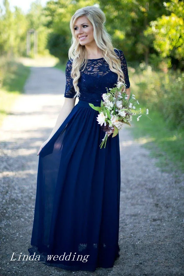 Navy Blue Long Country Bridesmaid Dress Short Sleeves Chiffon Lace Women Wear Formal Maid of Honor Dress For Wedding Party Gown
