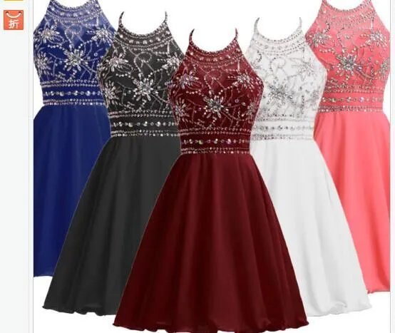 Tanie czarne Burgundia Coral Blue Party Sukienki Homecoming A-Line Halter Zroszony Kryształ Szyfon Krótki Mini Prom Formalne Suknie Celebrity