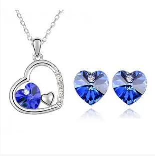 Oostenrijkse kristal hart charme liefde sieraden sets ketting oorbellen 925 verzilverde diamant hart sieraden set