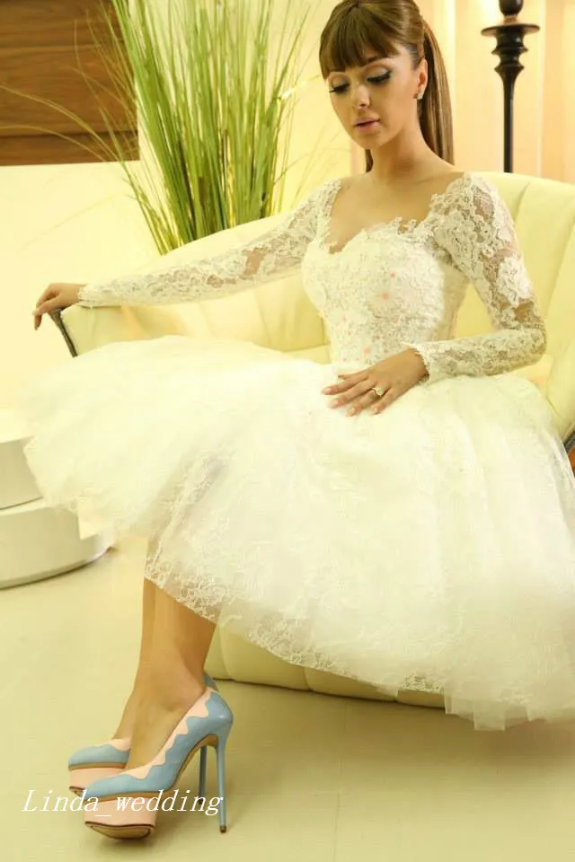 Diva Myriam Fares Abiti da sposa con maniche lunghe Bellissimo abito da cocktail da donna in pizzo con scollo a barchetta