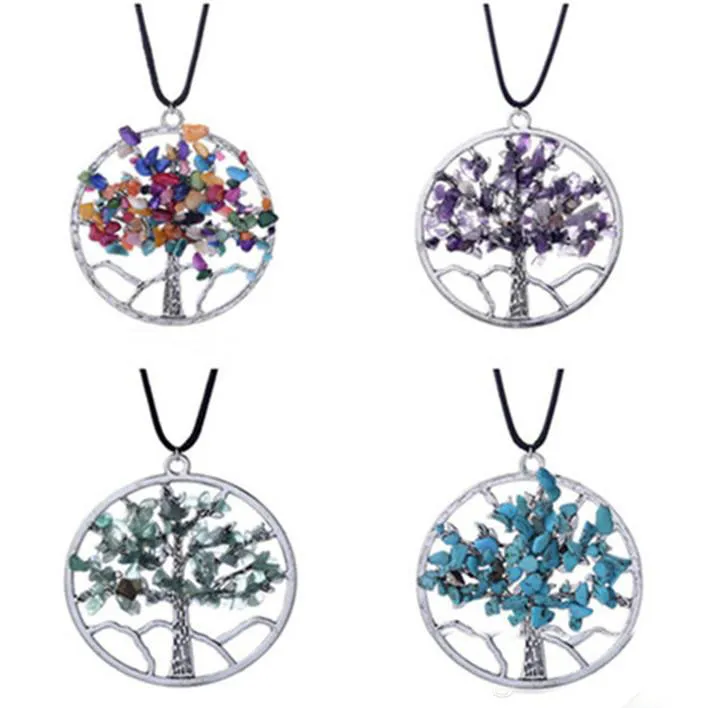 New Fashion Tree of Life Pendant Natural Broken Stone Charm Necklace Multicolor Wisdon Charm Necklaces Fine Jewelry