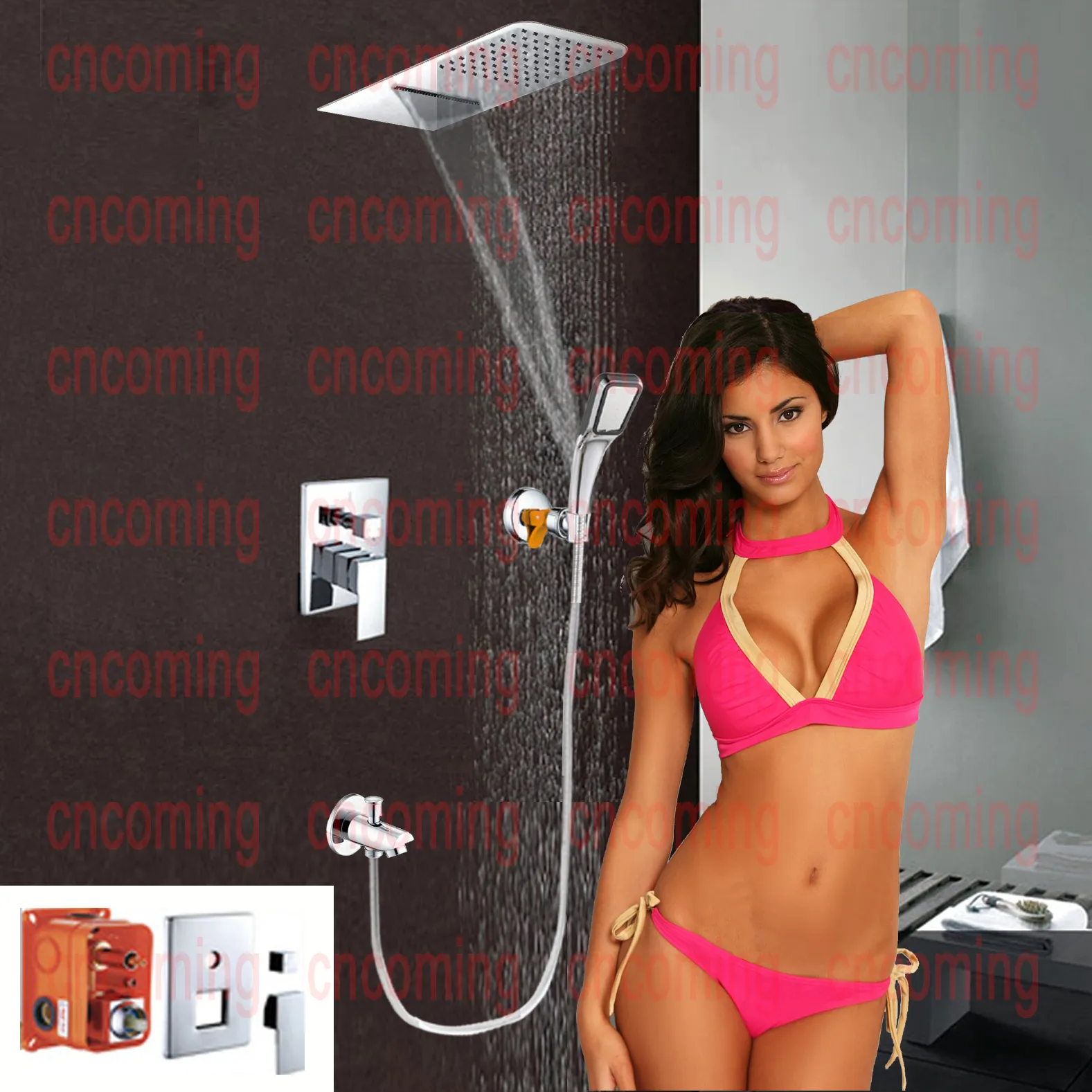 Unterputz-Duschset für das Badezimmer mit luxuriösem, quadratischem Kopfduschkopf und Messingauslauf, Wasserfall AF3102