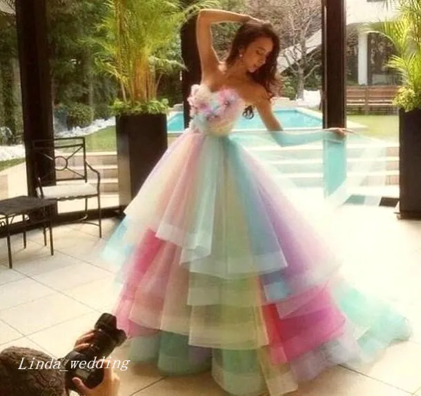 Ball Gown sweetheart floor length organza multi color prom dress with  ruffles