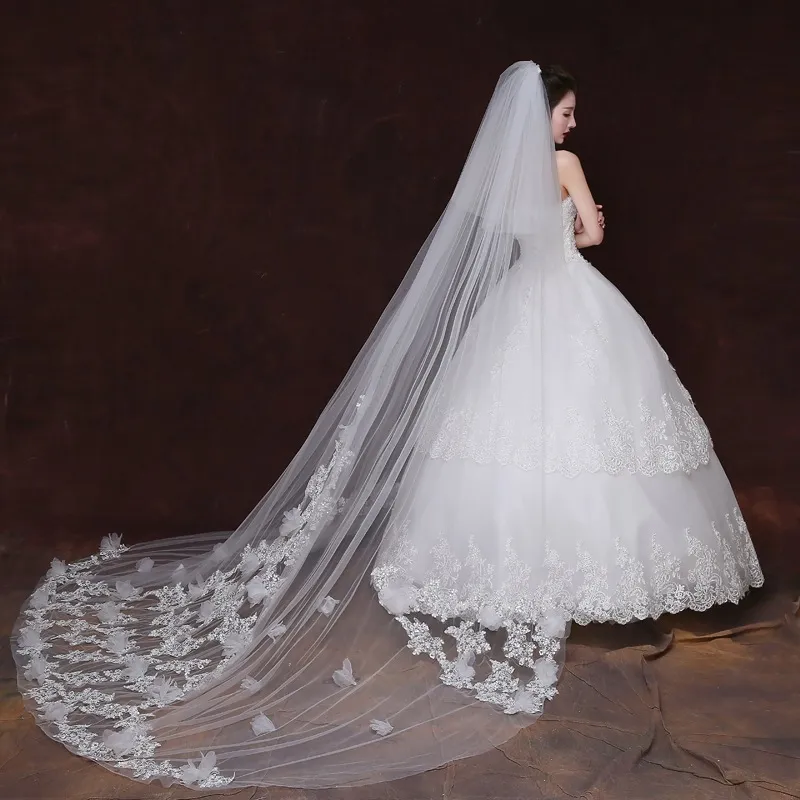 Véus de noiva de alta qualidade véus de casamento longos acessórios de casamento de marfim tule macio com applique lantejoulas fancy véus noiva