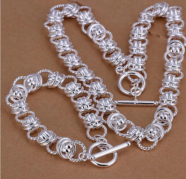 Top sale heavy 112g 925 silver jewelry set 18x8 inches WGS037,fashion unisex sterling silver plated neckace charm bracelet set