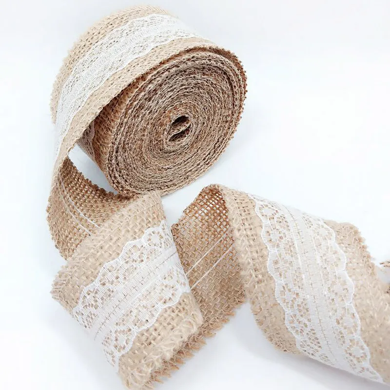 Rustic Lace Ribbon 5M Natural Jute Burlap Ribbon with White Lace Trims for Rustic Wedding ...