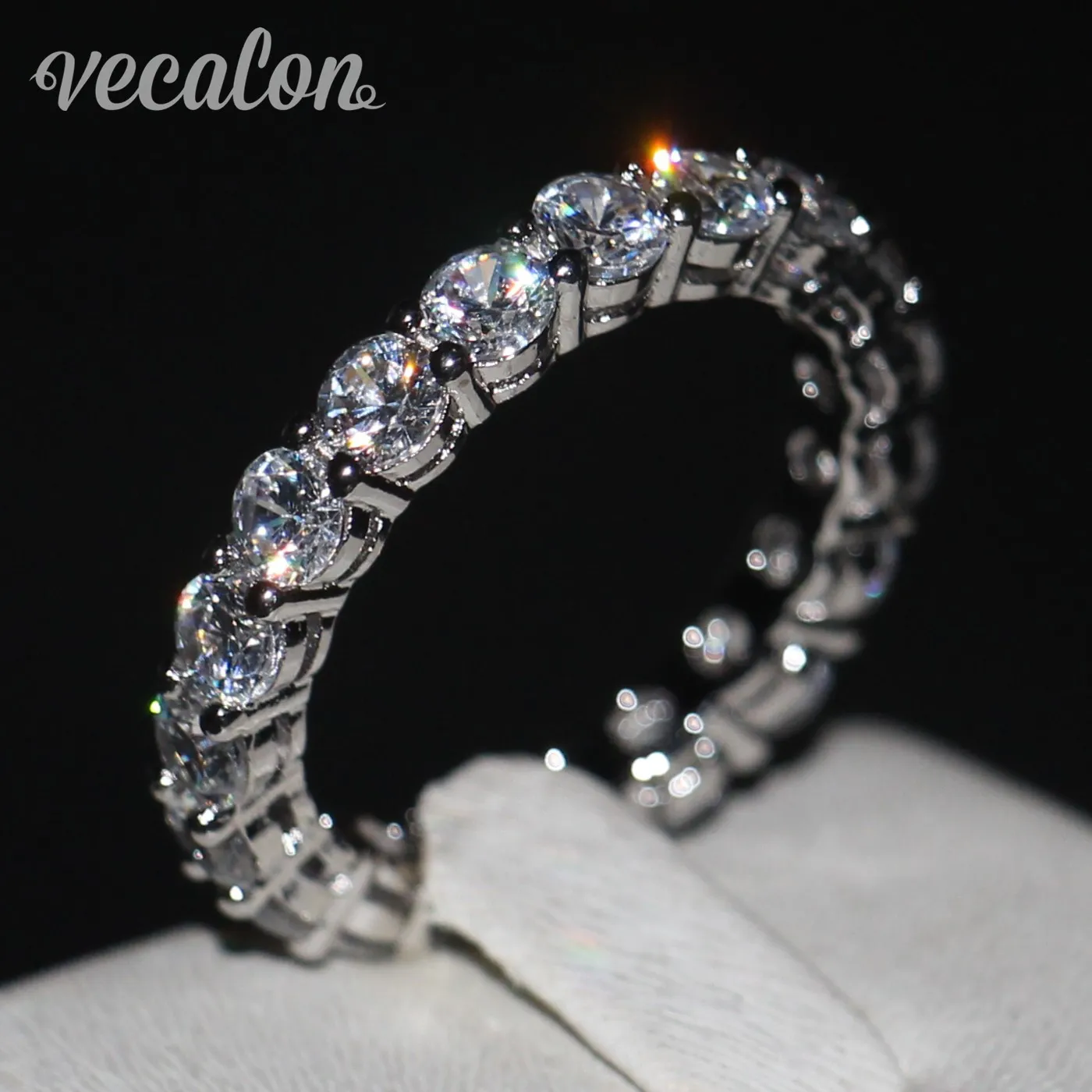 Vecalon Femmes bande Bague Coupe ronde 4mm Diamant simulé Cz 925 Bague de fiançailles en argent sterling pour femmes Bijoux de mode