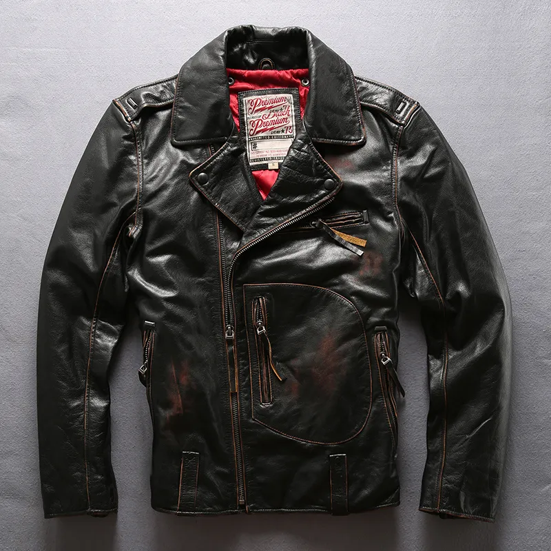 Men s Vintage Brown Cowhide Leather Jacket with Lapel Neck Quilted Lining Slim Fit 2024 Retro Style