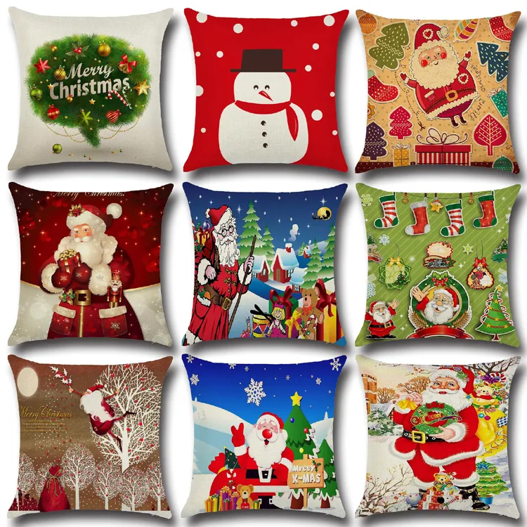 Hot Linne X-Mas Zip Case Square Christmas Serie Pillow Case Söt Fader Julgran Snowman Home Decor Gift