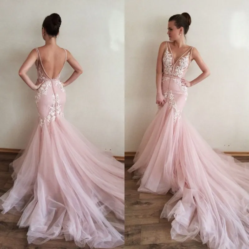 Sexy Blush Pink Mermaid Wedding Dress Luxurious V Neck Sleeveless Backless Beads Lace Appliques Tulle Bridal Gowns LS 31
