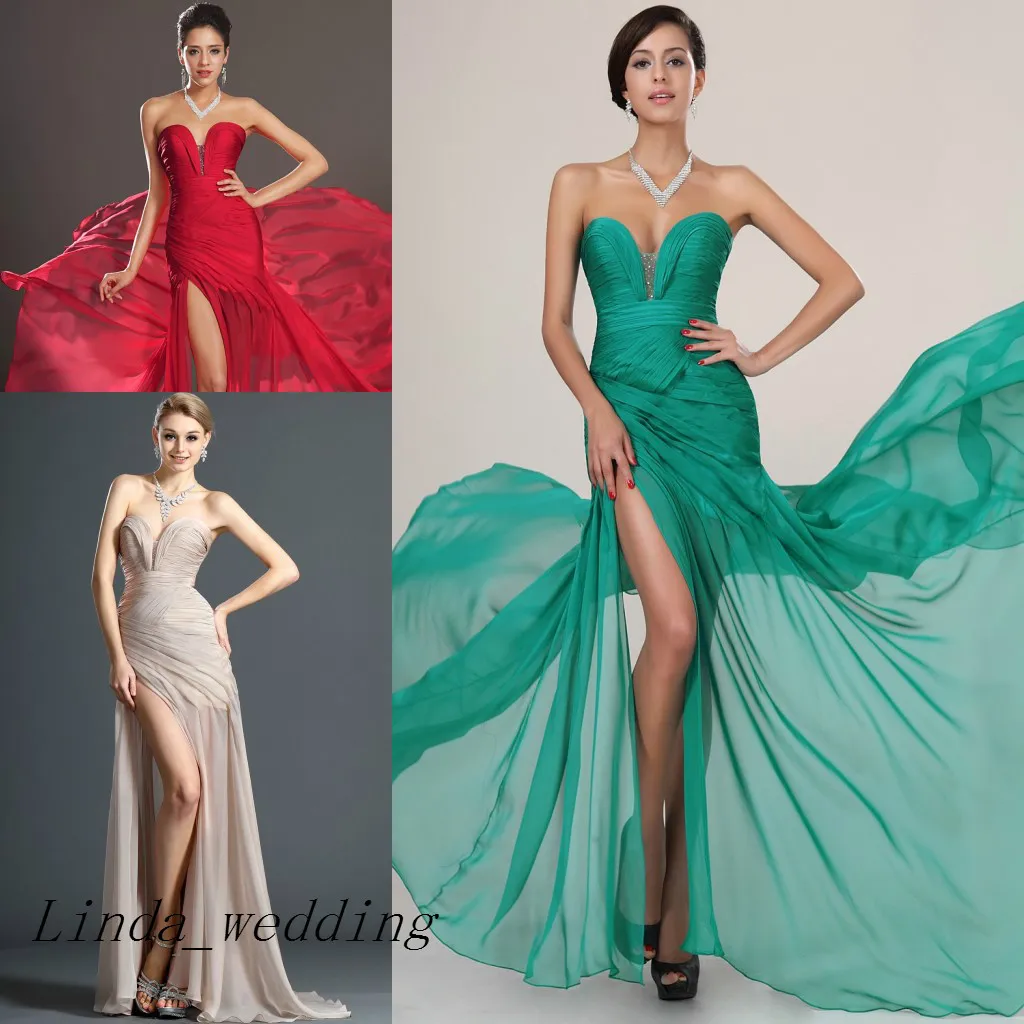 Free Shipping High Quality Sweetheart Evening Dress New Red Champagne Emerald Green With Slit Chiffon Long Pleating Formal Party Dress