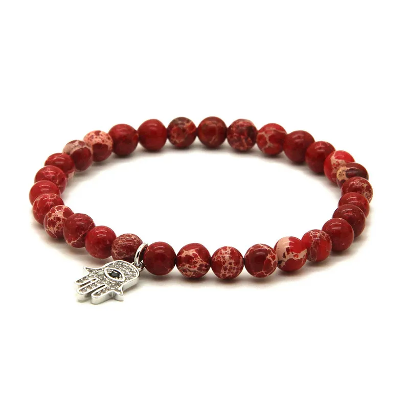 Partihandel Kvinnor Smycken 6mm Röda havet Sediment Imperial Stone Pärlor med Micro Inlay Zircons Fatima Hand Hamsa Armband