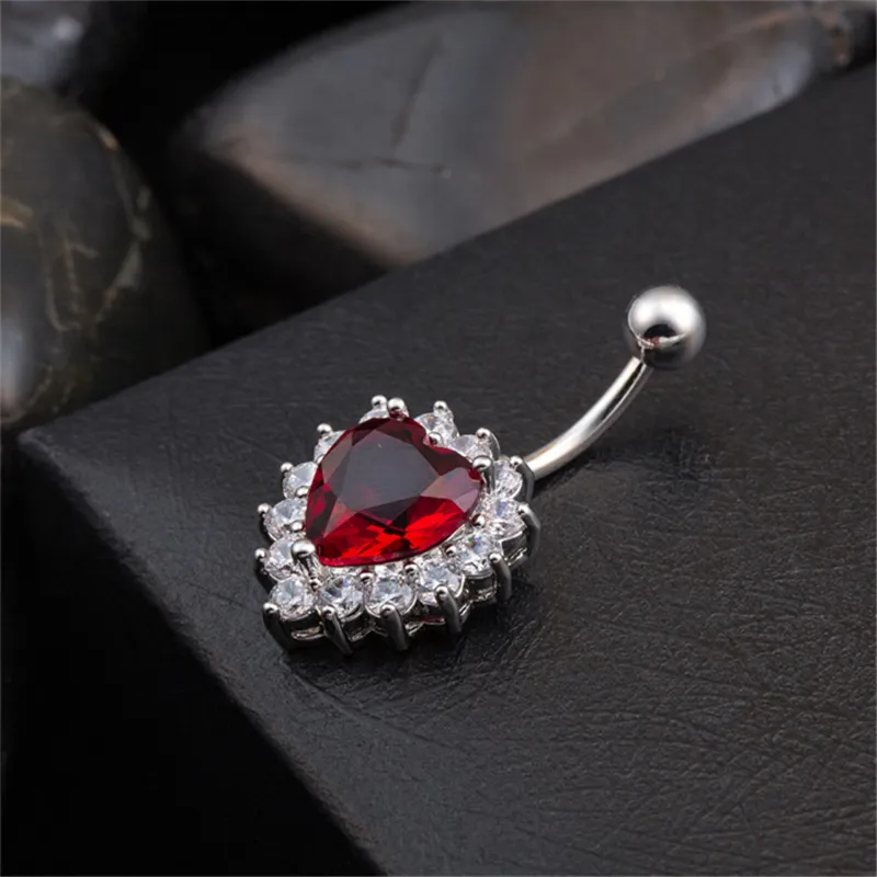 High End 18K White Gold Plated Shiny Big Red/White Cubic Zircon Heart Belly Ring Body Piercing Button Ring for Girls Womenn