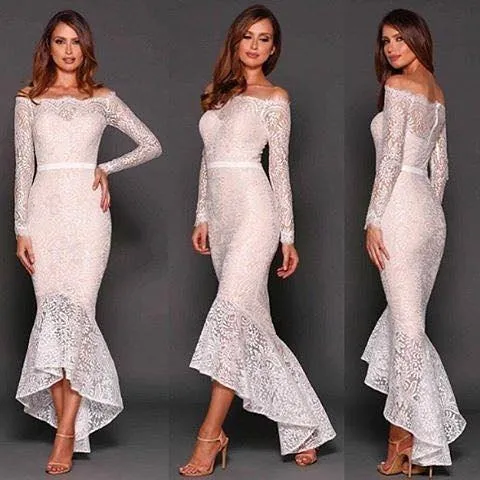 Sexy 2016 Latest White Lace Off Shoulder Tea Length Cocktail Dresses Vintage Long Sleeve High Low Mermaid Party Formal Gowns EN7082