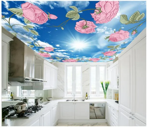 3D 벽지 사용자 정의 사진 비 짠 그림 푸른 하늘 흰 구름 장미 3D 벽 벽화 벽지 천장 장식 그림
