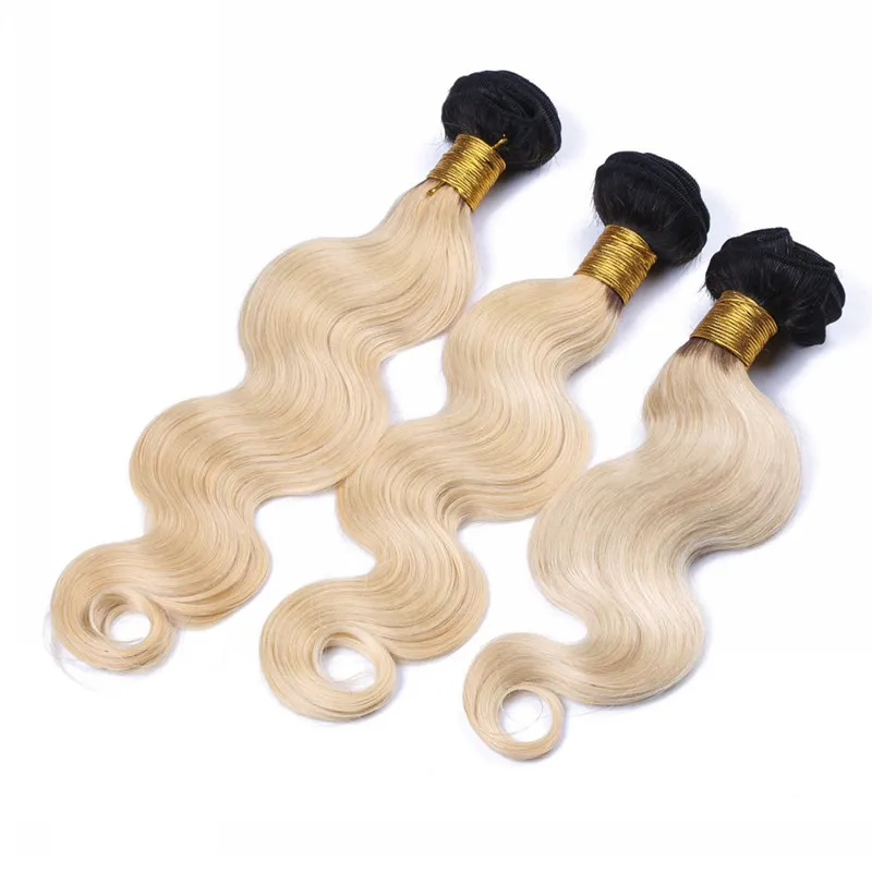 Body Wave 1B / 613 Dark Root Ombre 4x4 Front Lace Closure con 3Bundles Virgin Brazilian Blonde Ombre Hair con cierre superior