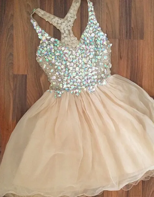 Champagne Colorful Beaded Homecoming Dresses 2017 V Neck Sleeveless Short Party Evening Gowns Knee Length Prom Formal Dresses For Girl