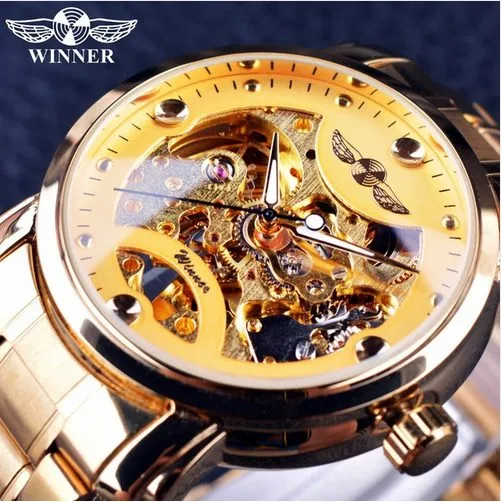 Winner 2021 reloj clásico de diseño transparente para hombre, reloj de pulsera de lujo con esqueleto automático para hombre, reloj dorado para hombre