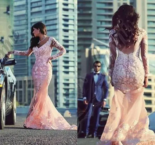 Black Girl Pink Prom Dresses 2016 Couples Fashion Mermaid V Neckline with Illusion Long Sleeves Sweep Tran Lace Appliqued Tulle Evening Gown