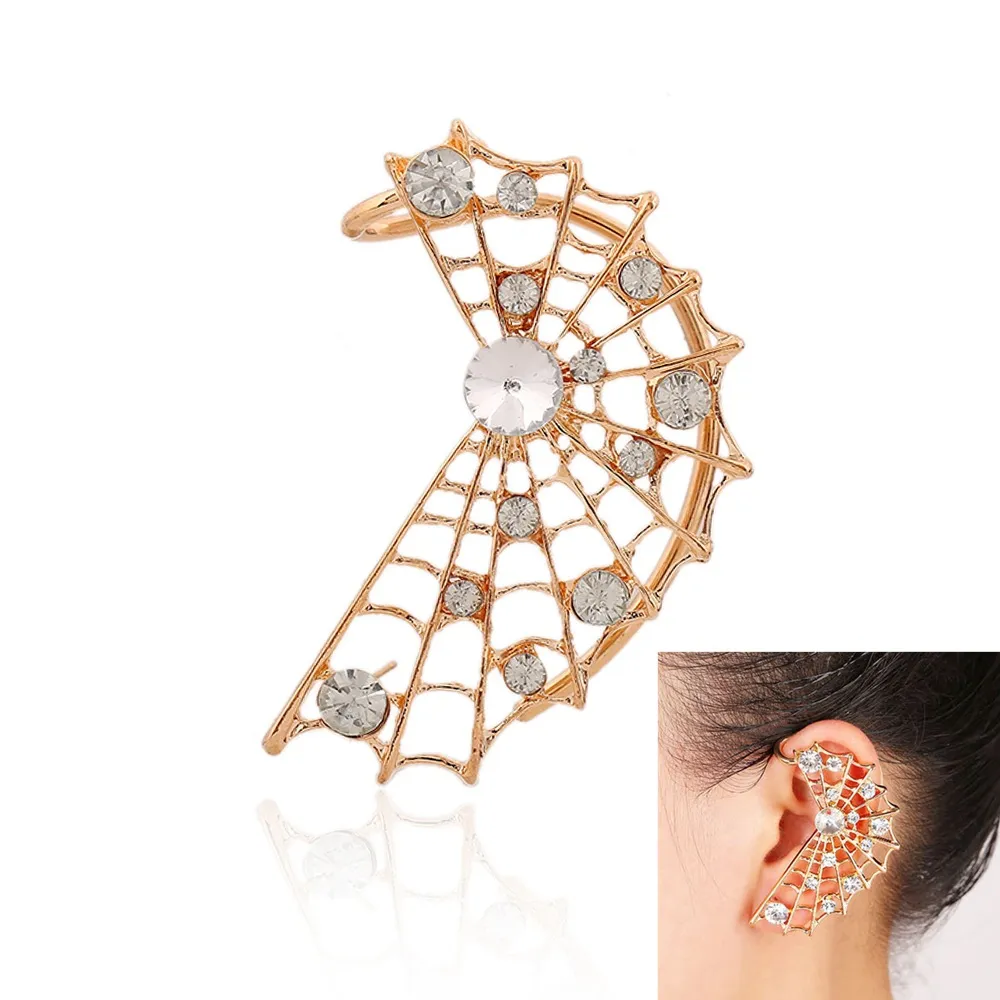 New Fashion Spider Web Örhängen Kvinnor Rhinestone Crystal Golden Silver Plated Ear Cuff Clip på örhängen Earing för vänster öra smycken smycken smycken