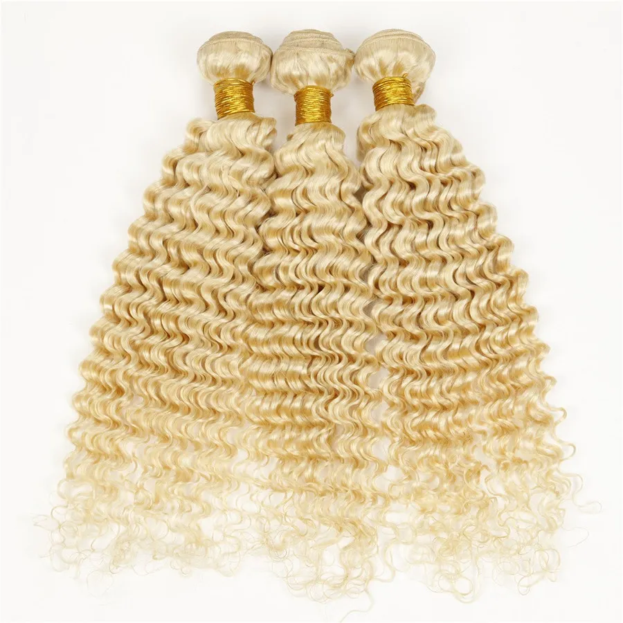 9a Grade Blonde Deep Wave Human Hair Extensions # 613 Platinum Blonde Głębokie Kręcone Brazylijski Dziewiczy Włosy Wefts Lekkie Blondynki Wiązki Włosów