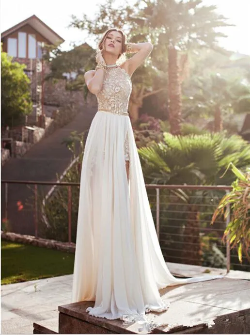 2016 Più nuovo Vintage Julie Vino Estate Pizzo Abiti da sposa in chiffon Appliques Alta fessura Beach A Line Abiti da sposa QA01