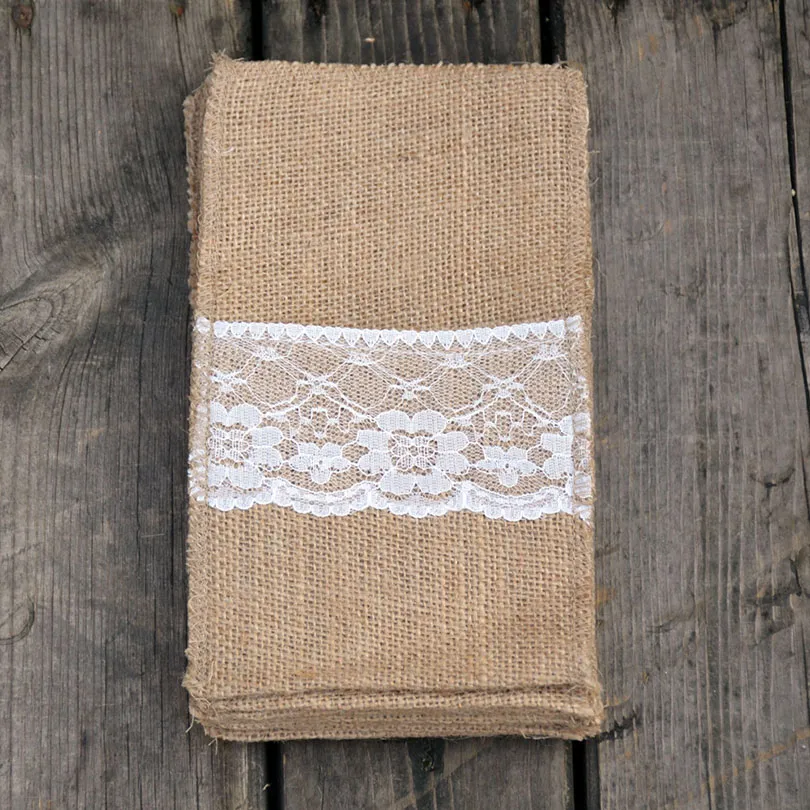 Kant jute bestek houders pouch gebruiksvoorstel opslag tas linnen vintage hart bruiloft feestartikelen kerst servies decoratie bestek