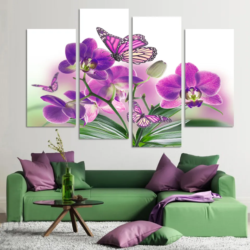 4 Painel Bela borboleta flores da orquídea impresso na lona para sala de estar decoração de casa arte da parede pintura a óleo sem moldura