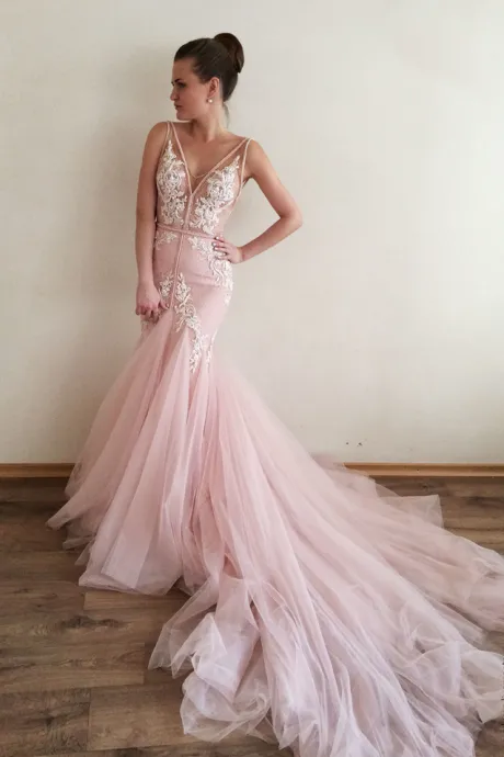 Elegant Blush Pink Deep V neck Prom Evening Dresses Party Formal Gowns Lace Applique Tulle Court Train Ruffles Backless Cheap Desi9114147