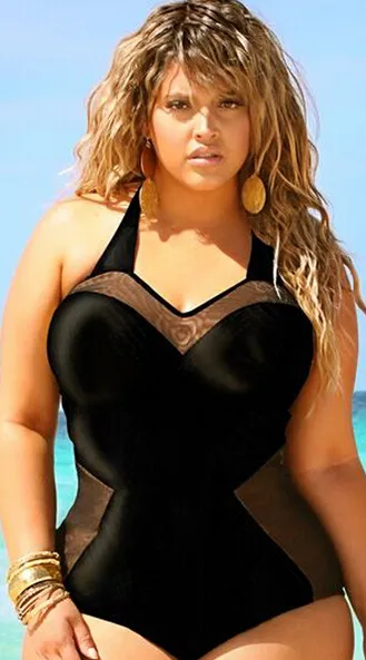 المرأة مثير زائد حجم الرجعية أسود واحد قطعة ملابس السباحة بيكيني مبطن