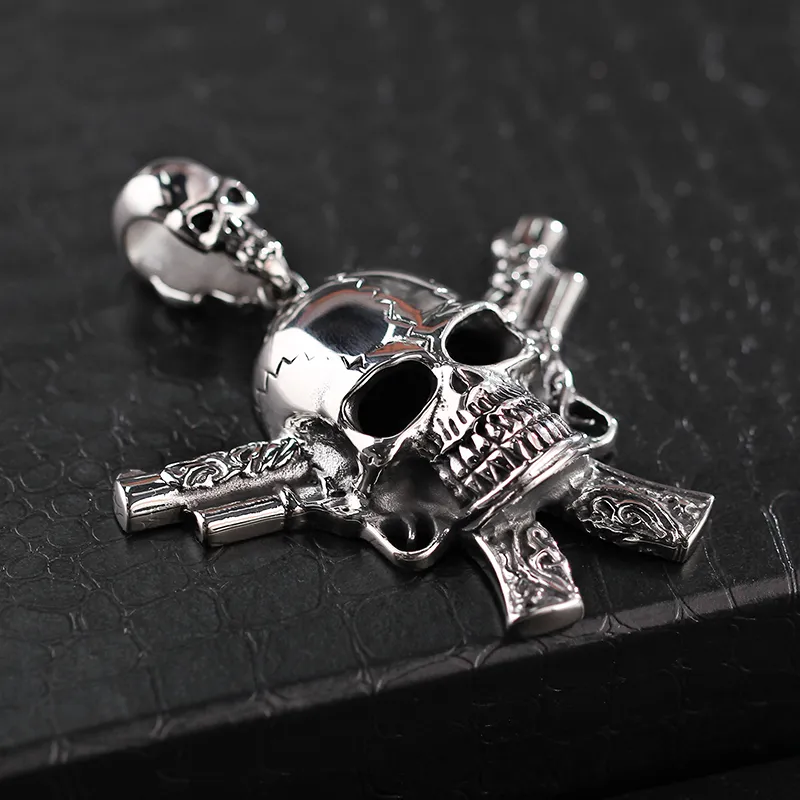 Große Guss Silber 316L Edelstahl Biker Skelett Schädel Doppel Pistole Anhänger Gothic Halskette Männer Coole Schmuck Gift212A