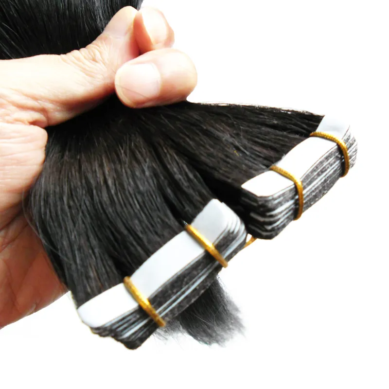Extensiones de cabello humano con cinta adhesiva #1, extensiones de cinta brasileñas virgen recta de color negro azabache, 40 Uds., extensiones de cabello adhesivas con trama de piel