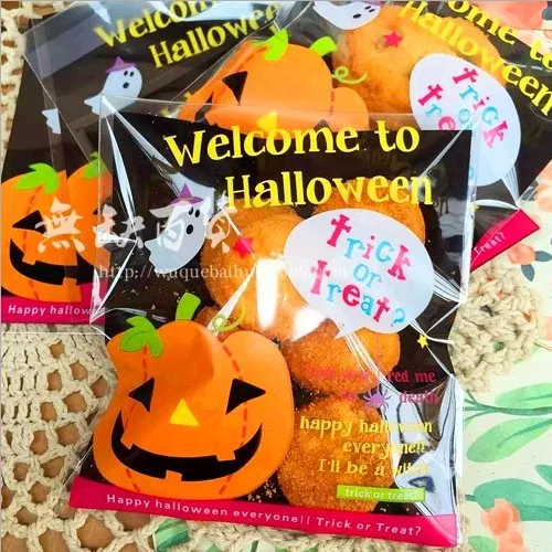 100個5スタイルDIYハロウィーンイエローカボチャとバットキャンディクッキーギフトバッグプラスチックバッグパーティーパックバッグス-001