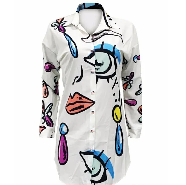 Fashion Casual Dress Women Stylish Printed Shirt Dresses Loose Mini Dressing Plus Size Clothing